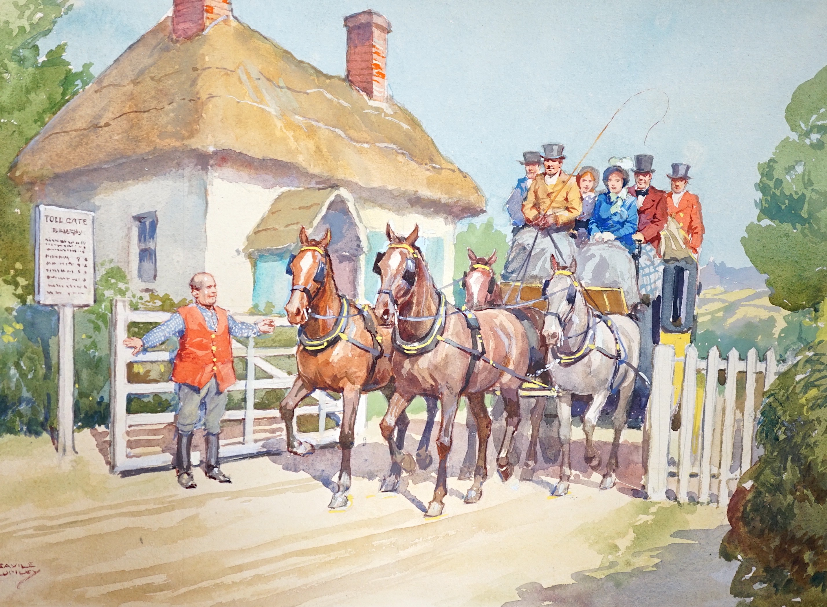 Savile Lumley (1876–1960), four watercolour greeting card designs, Three coaching scenes and Kentish snow scene, signed, 26 x 35cm, unframed